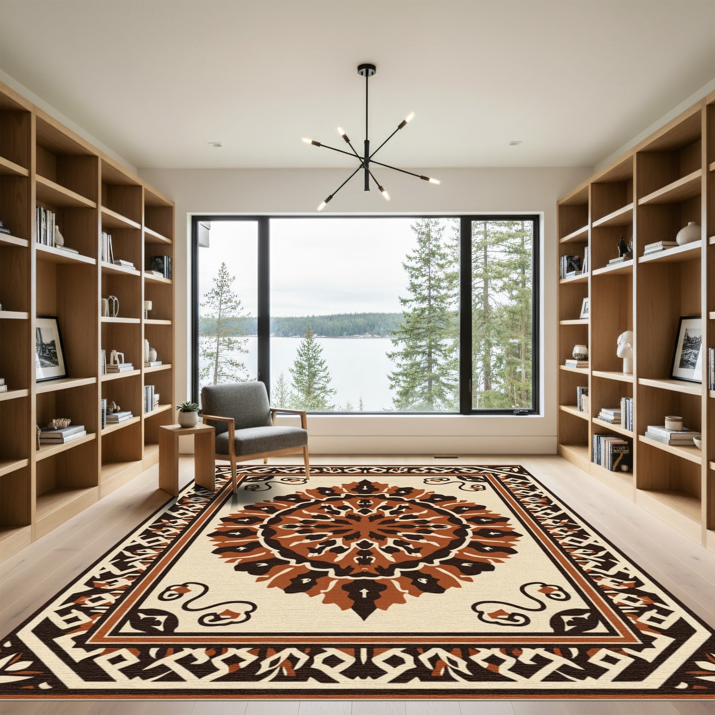 Brown Ochre Medallion Geometric Border Rug