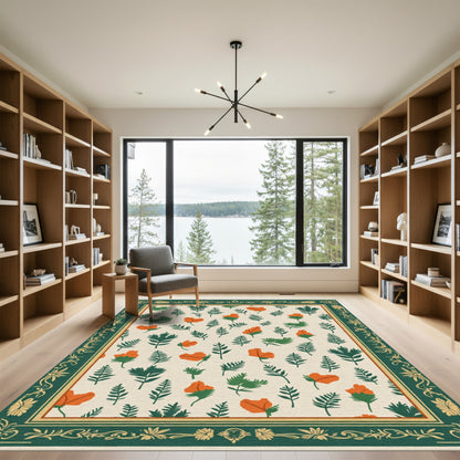 Orange Blossom Green Leaf Pattern Rug