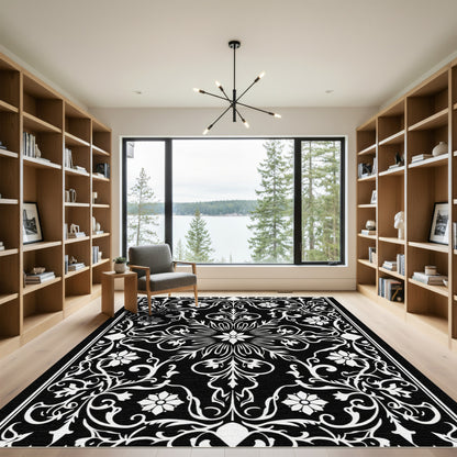 Elegant Black White Floral Scroll Rug