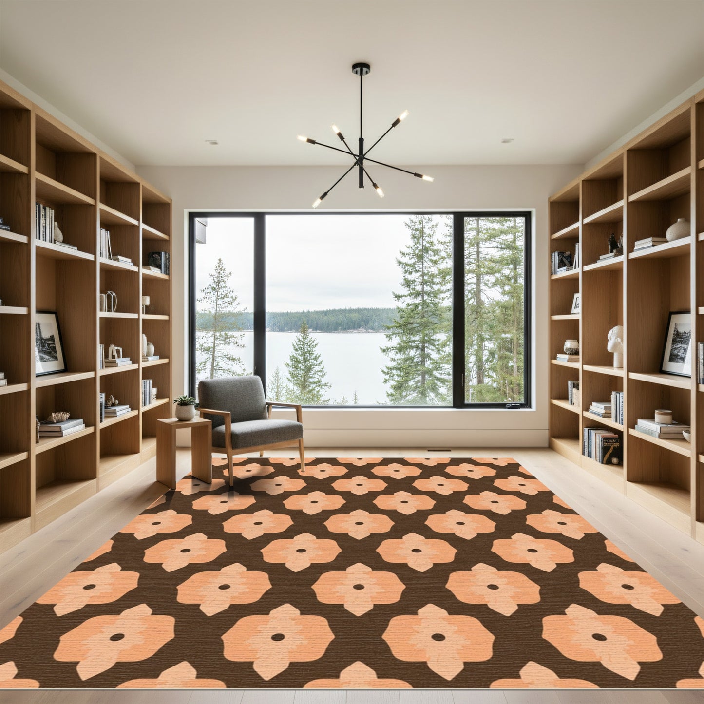 Brown Peach Quatrefoil Floral Rug