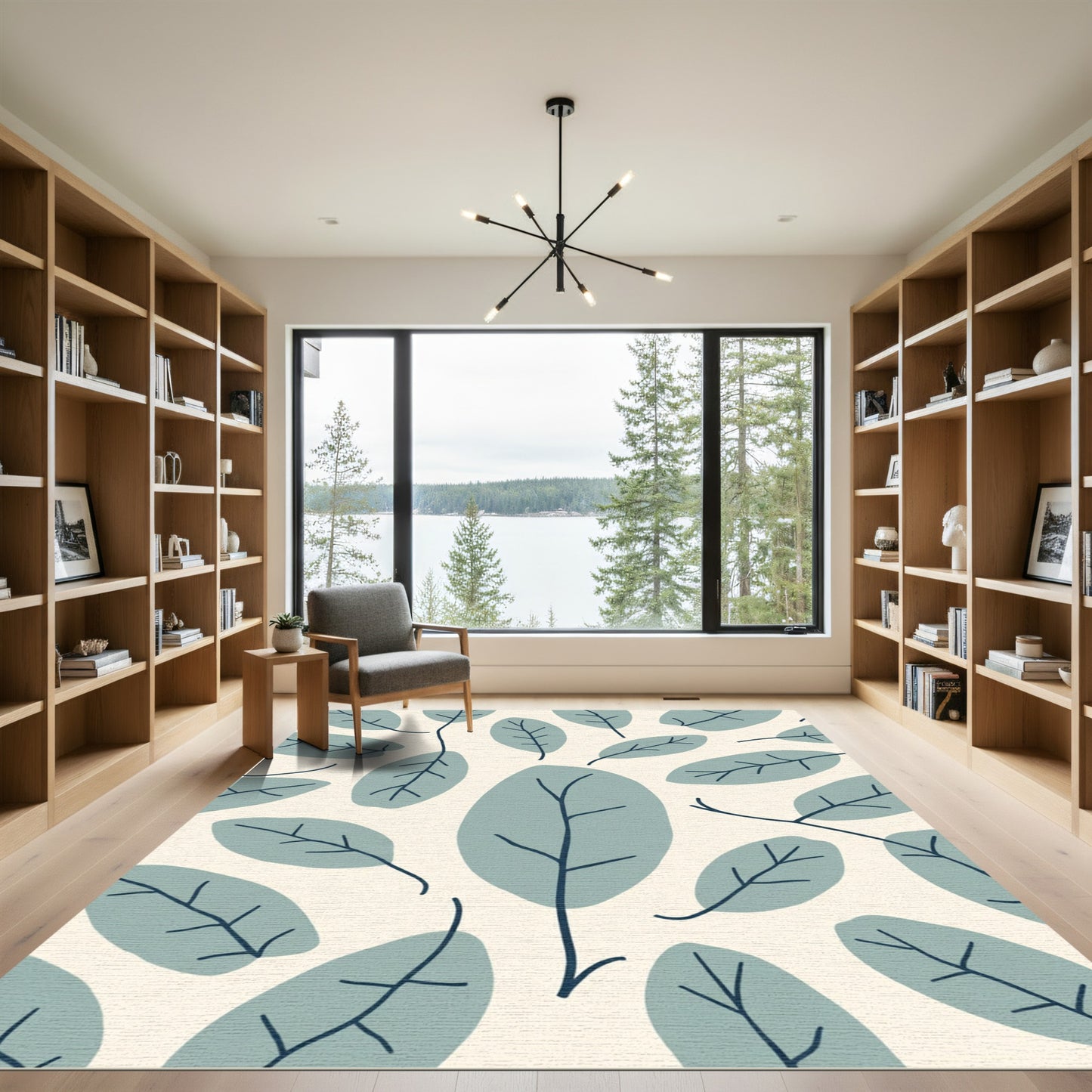 Muted Green Leafy Branch Pattern Rug