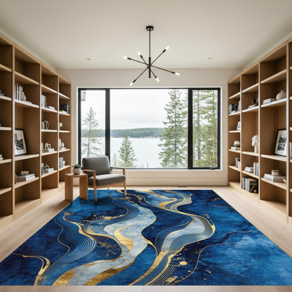 Navy Gold Flowing Waves Rug