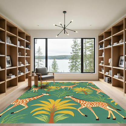 Green Safari Giraffe Palm Foliage Rug