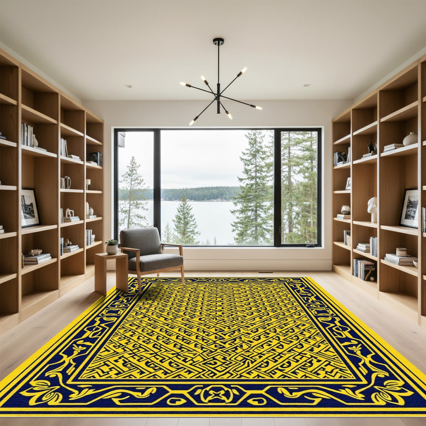 Ornate Yellow Blue Interlocking Geometric Rug