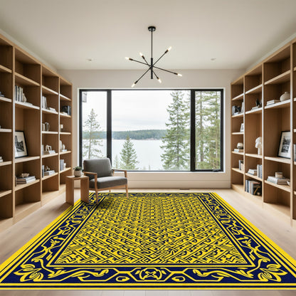 Ornate Yellow Blue Interlocking Geometric Rug