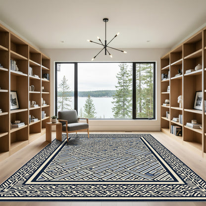 Navy Blue Geometric Maze Border Rug