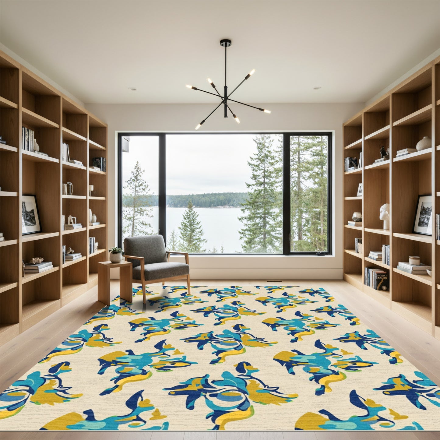 Abstract Blue Gold Figure Repeating Pattern Rug