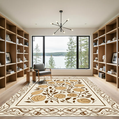 Cream Beige Floral Vine Garden Rug