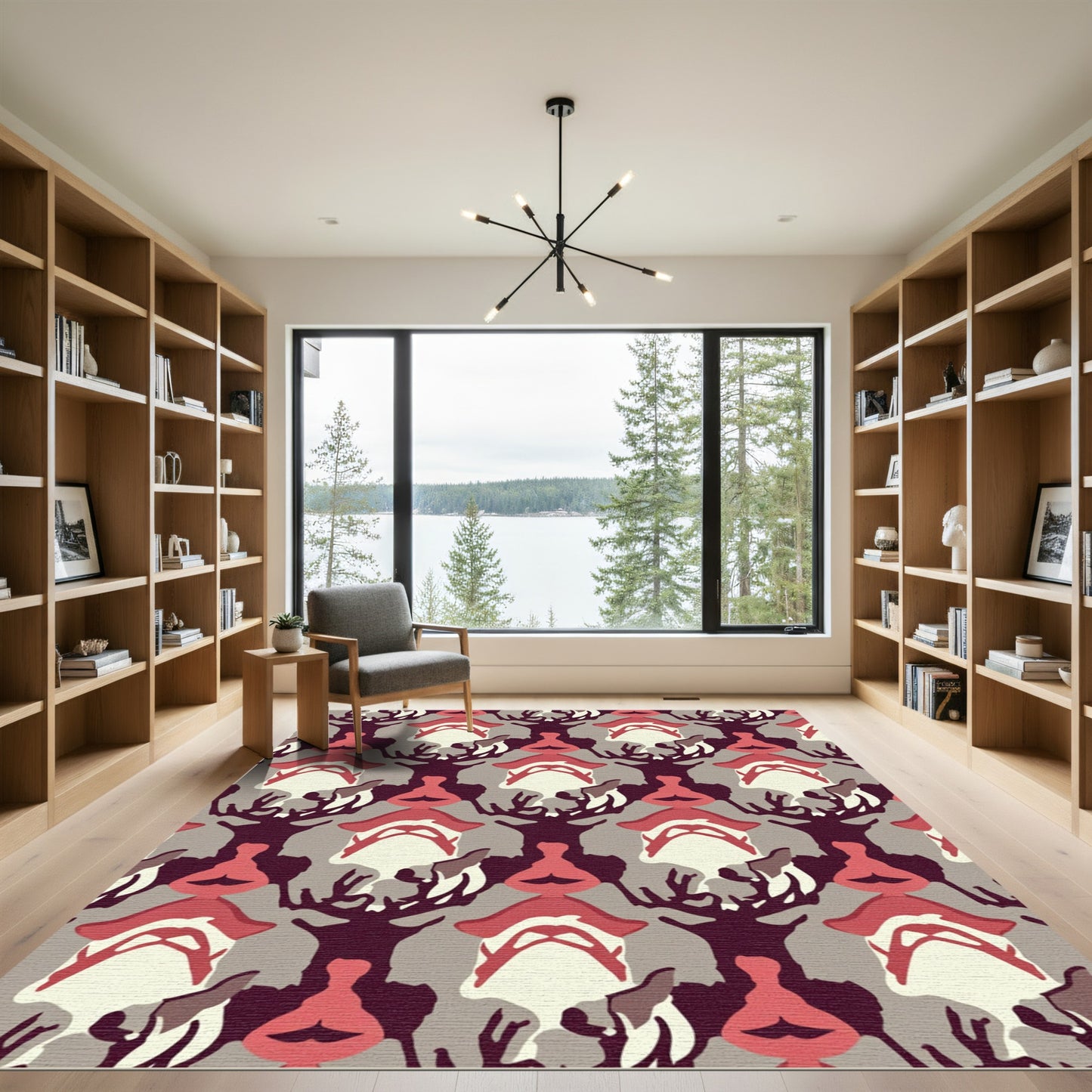 Crimson and Taupe Abstract Woodland Forms Rug