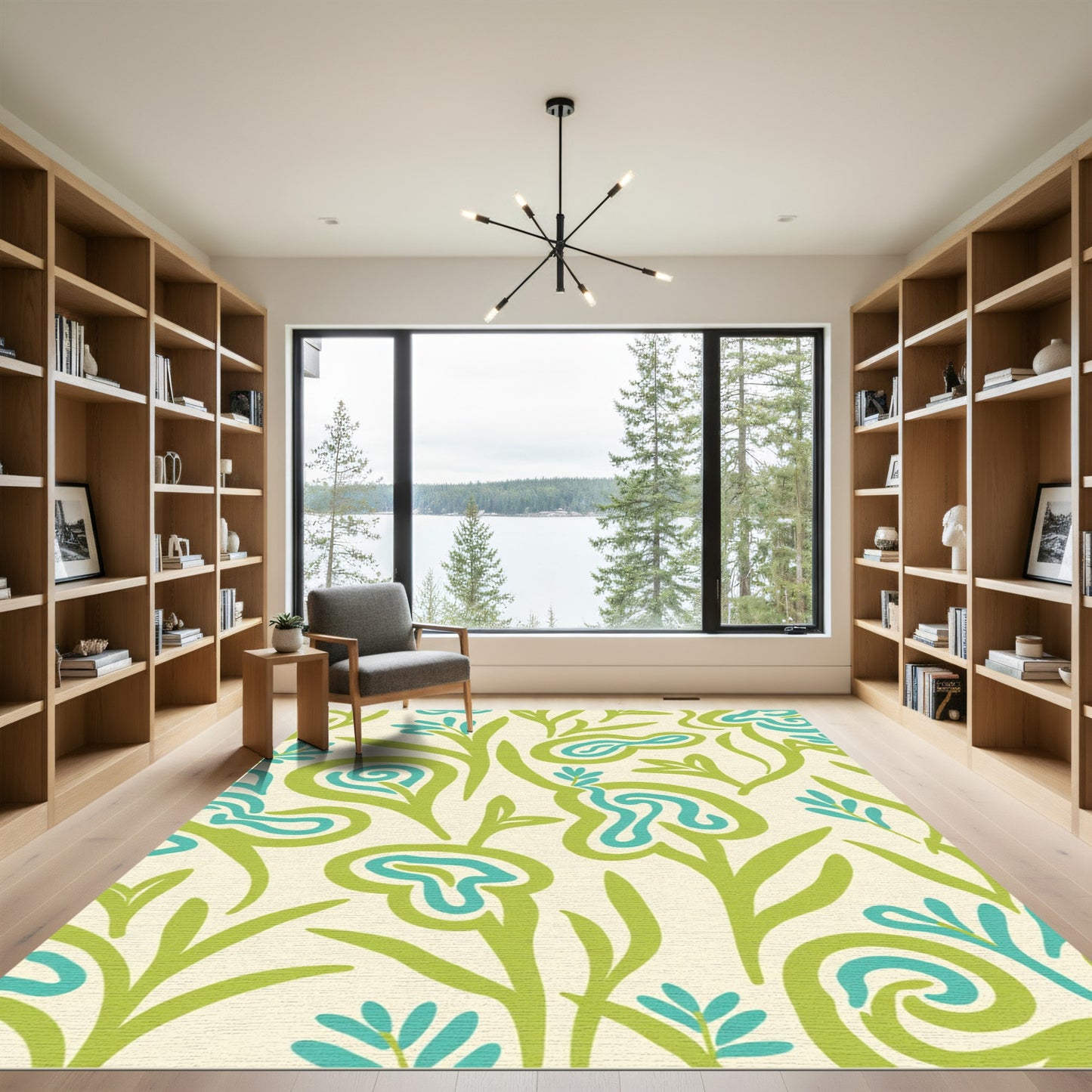 Abstract Green Teal Floral Swirl Rug