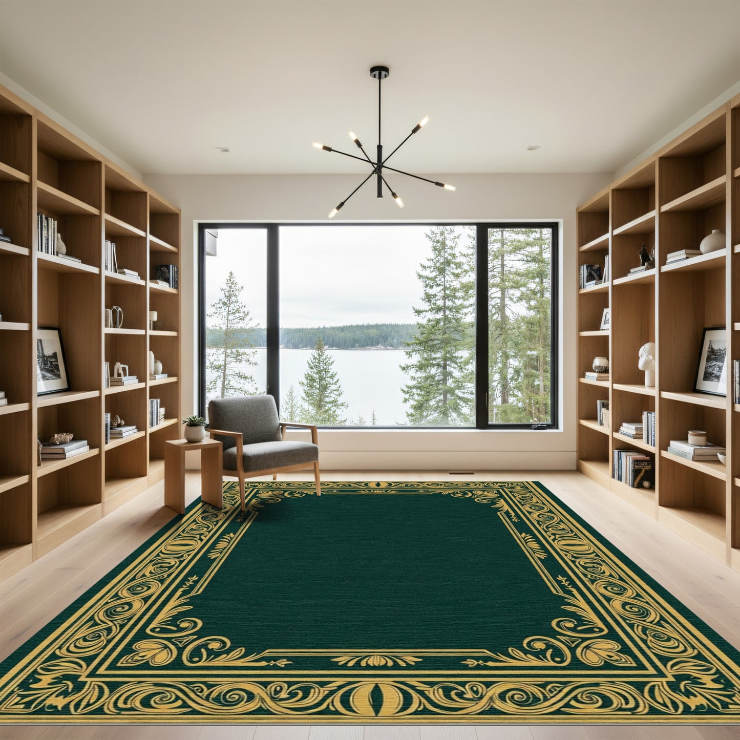 Ornate Gold Leaf Scrollwork Border Rug