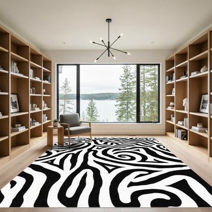 Black White Abstract Swirl Harmony Rug