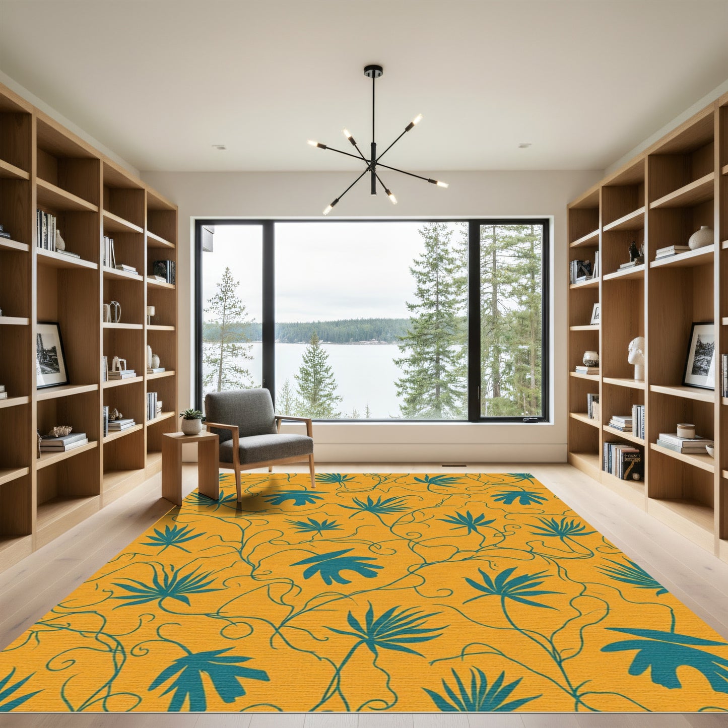 Teal Tropical Palm Leaf Vine Rug