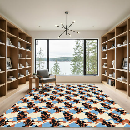 Abstract Terracotta Black Blue Shapes Rug