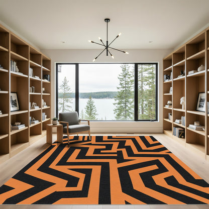Orange Black Geometric Maze Rug