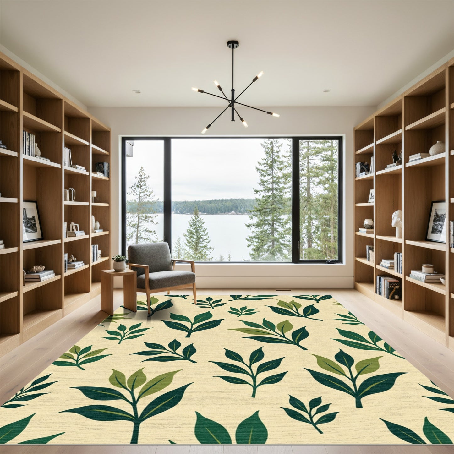 Green Leafy Branches Scattered Pattern Rug