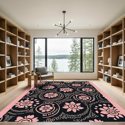 Pink Floral Medallion Black Background Rug