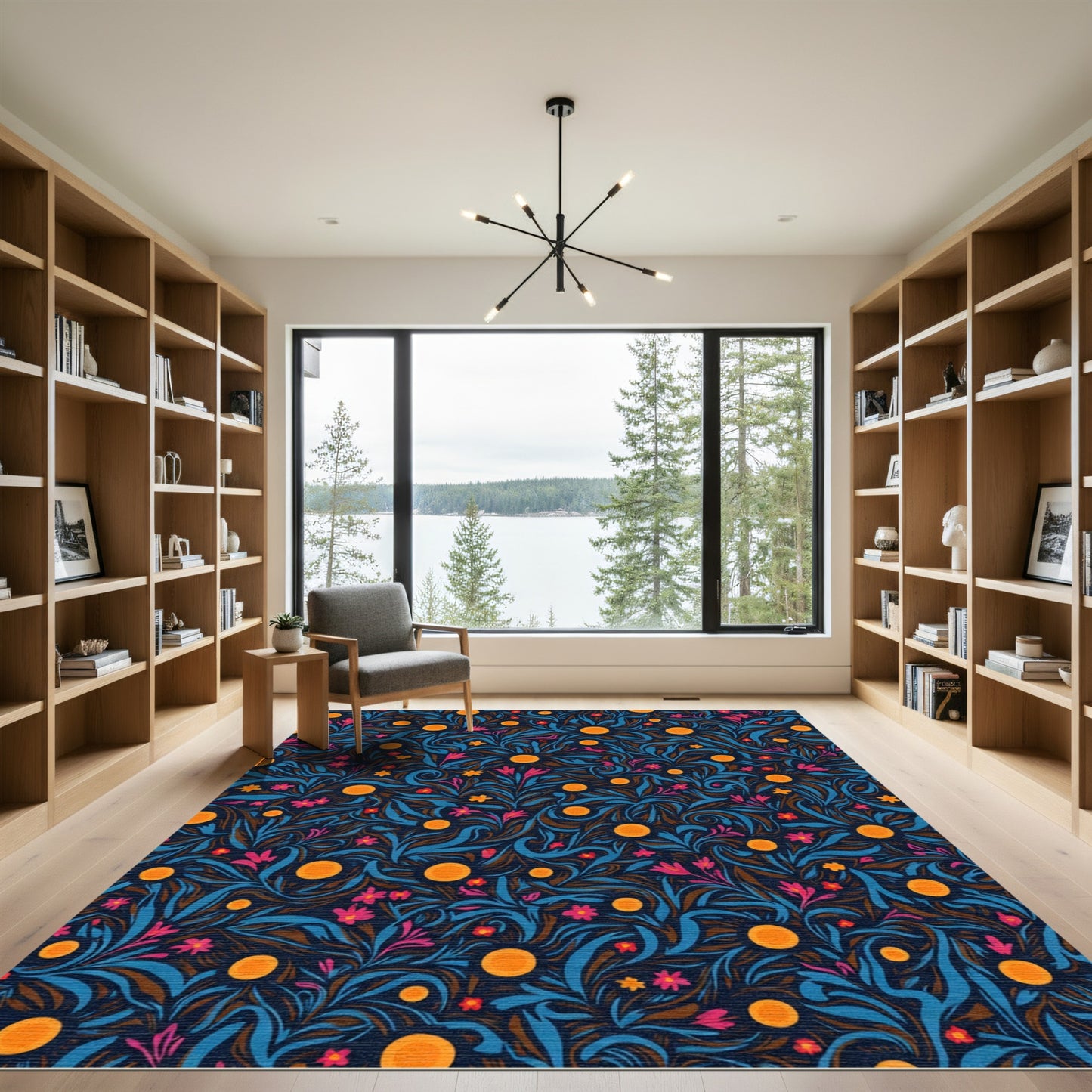 Orangey Dots Blue Floral Swirls Rug