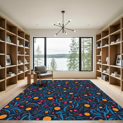Orangey Dots Blue Floral Swirls Rug