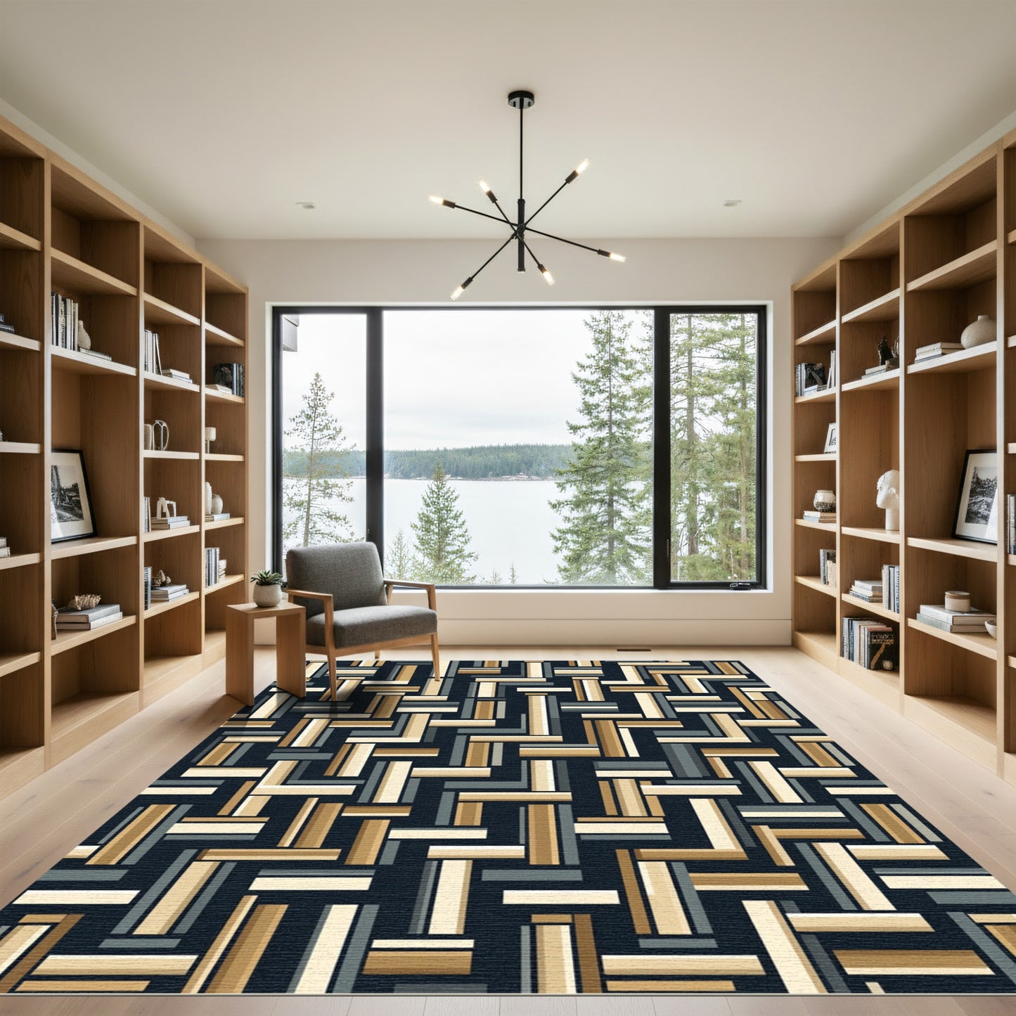 Tan Charcoal White Interlocking Rectangle Art Rug