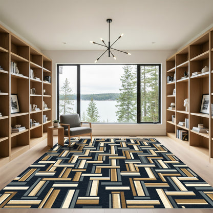 Tan Charcoal White Interlocking Rectangle Art Rug