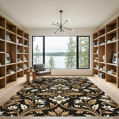 Ornate Golden Floral Damask Rug