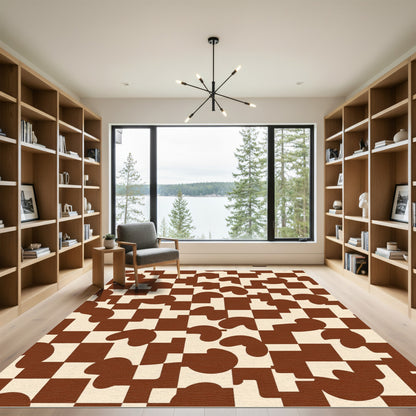 Brown Cream Checkered Organic Shapes Rug