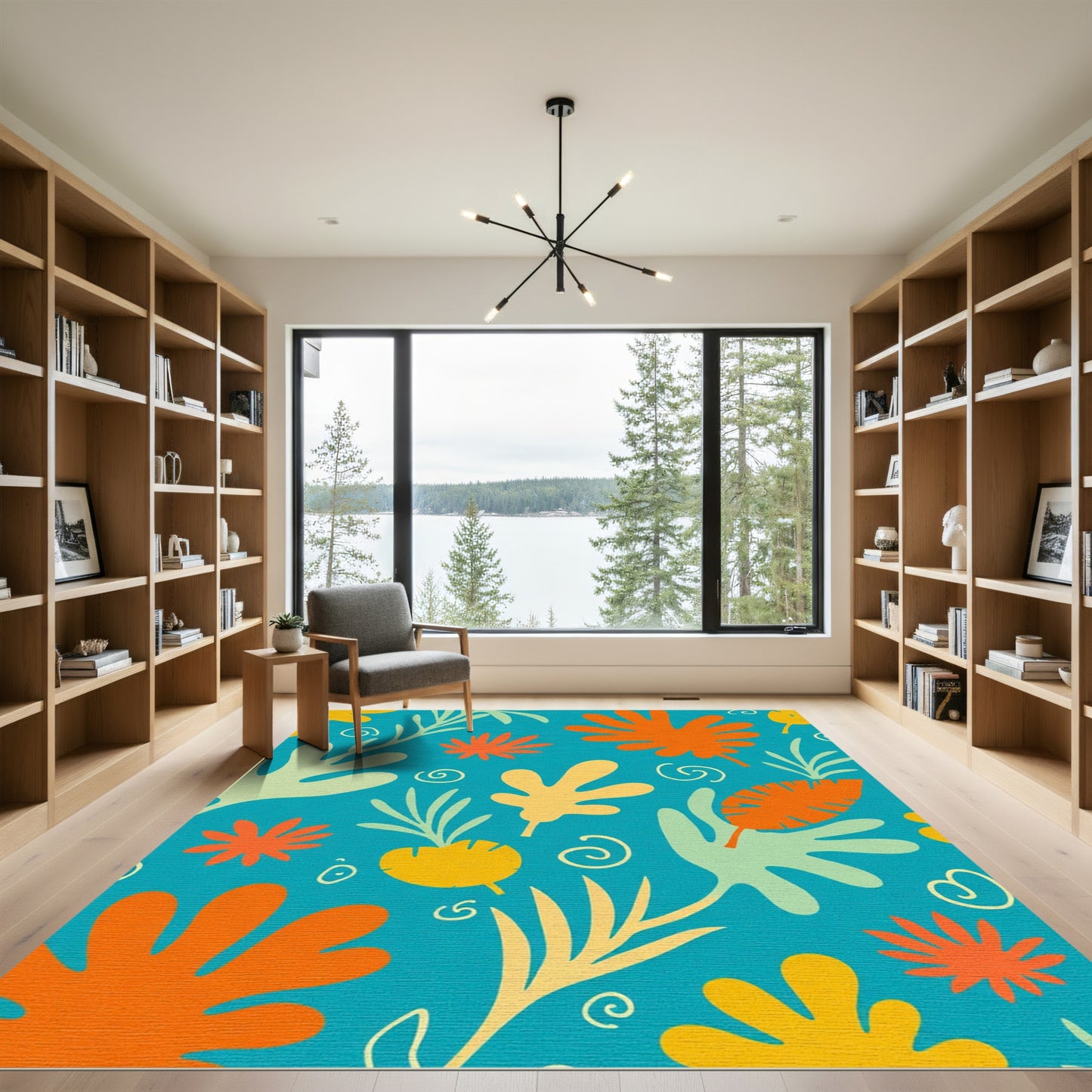 Vibrant Aqua Tropical Leaf Swirl Rug