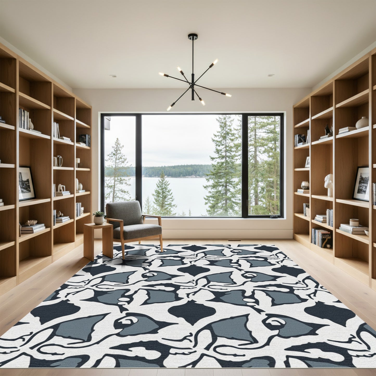 Abstract Dark Blue Floral Garden Rug