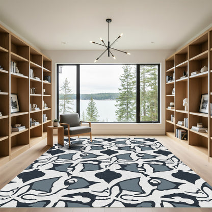Abstract Dark Blue Floral Garden Rug
