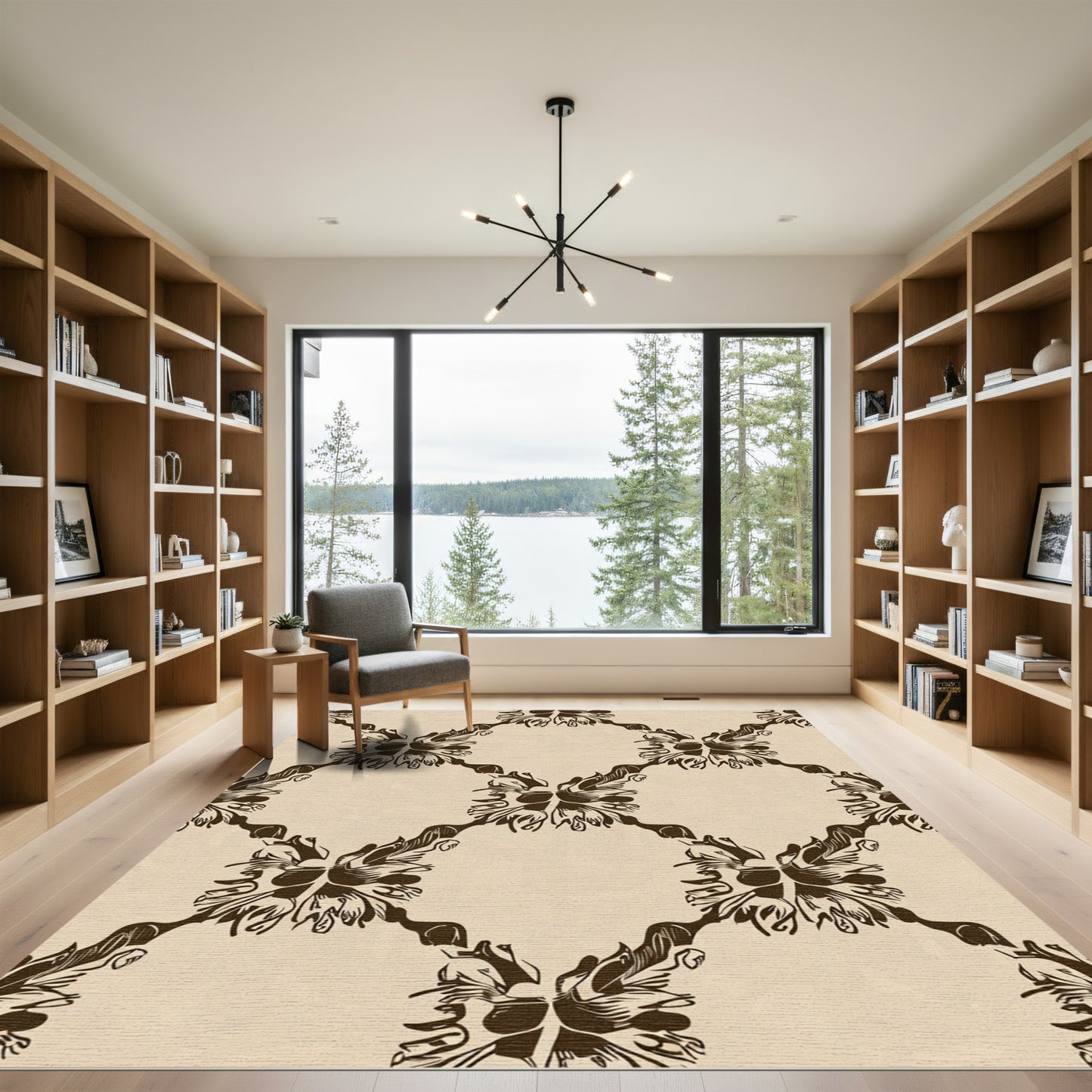 Dark Brown Repeating Floral Diamond Rug