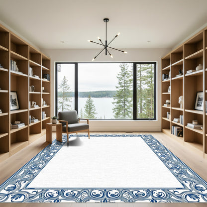Elegant Navy Blue Floral Border Rug