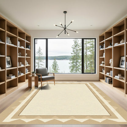 Warm Beige Geometric Border Rectangle Rug
