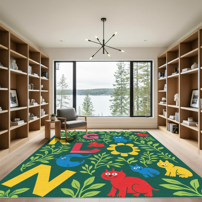 Playful Animals Foliage Letters Rug