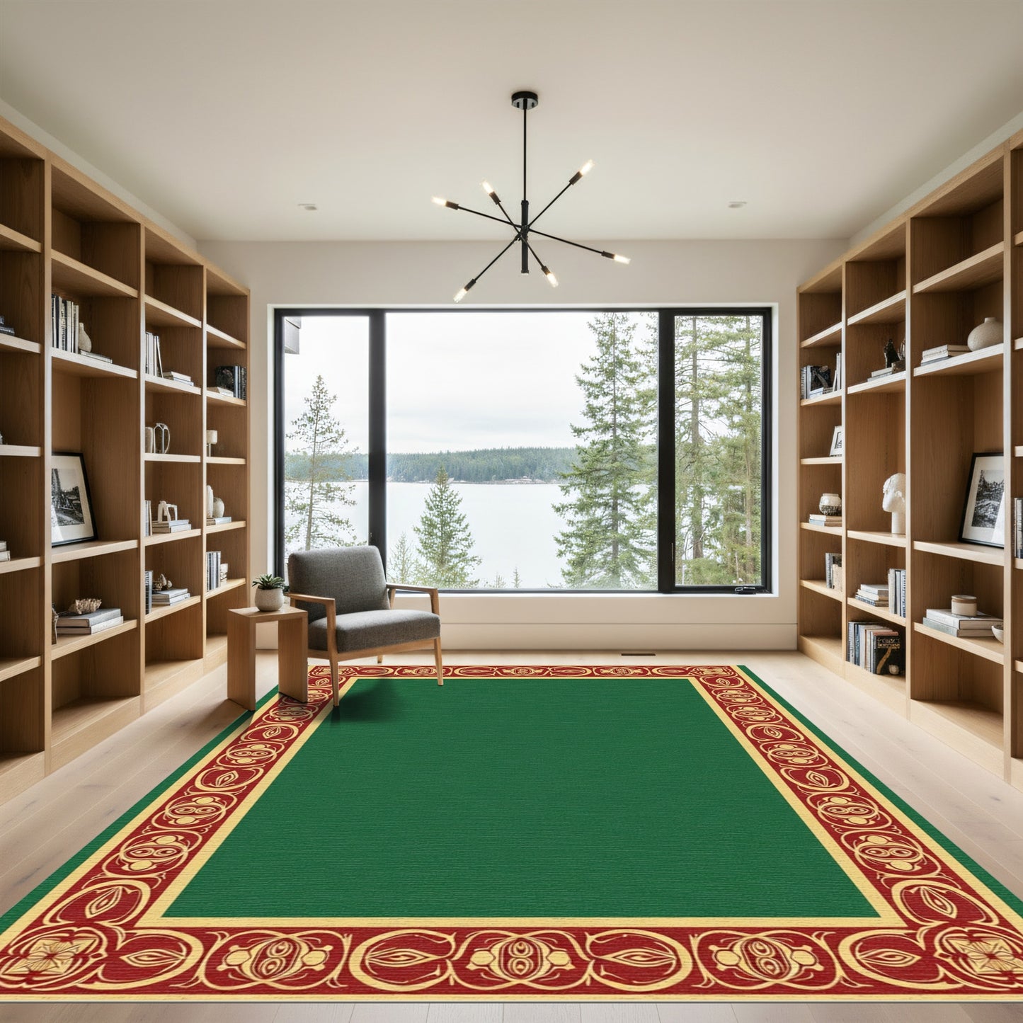 Deep Emerald Red Scroll Border Rug