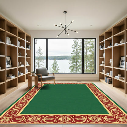 Deep Emerald Red Scroll Border Rug