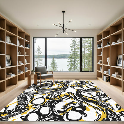 Bold Black Yellow Abstract Swirl Rug
