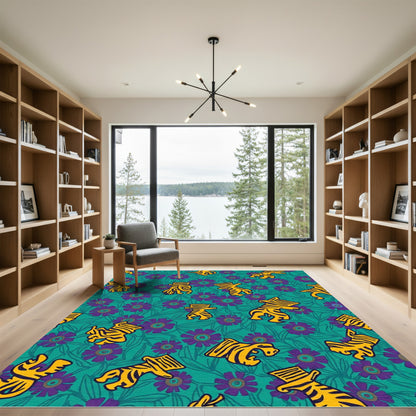 Teal Purple Tiger Floral Garden Rug