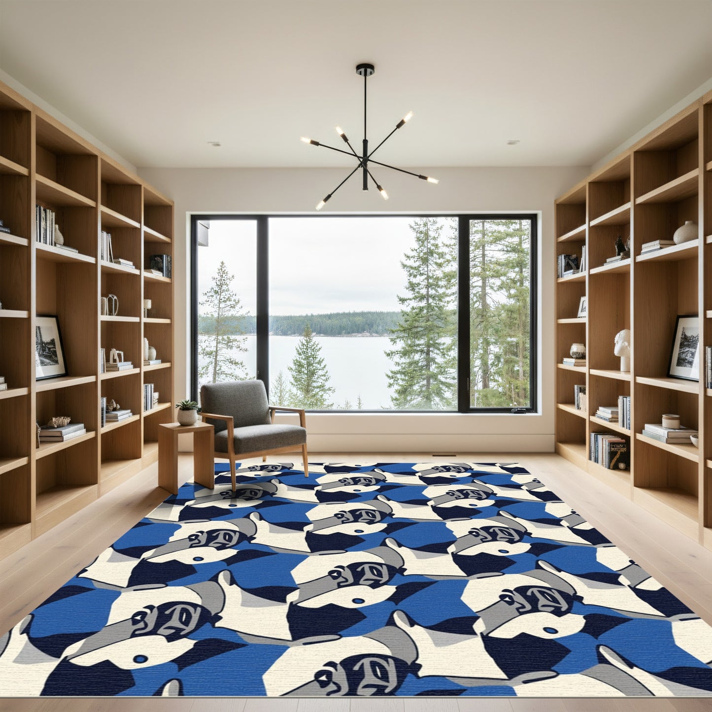 Bold Blue Grayscale Abstract Figures Rug