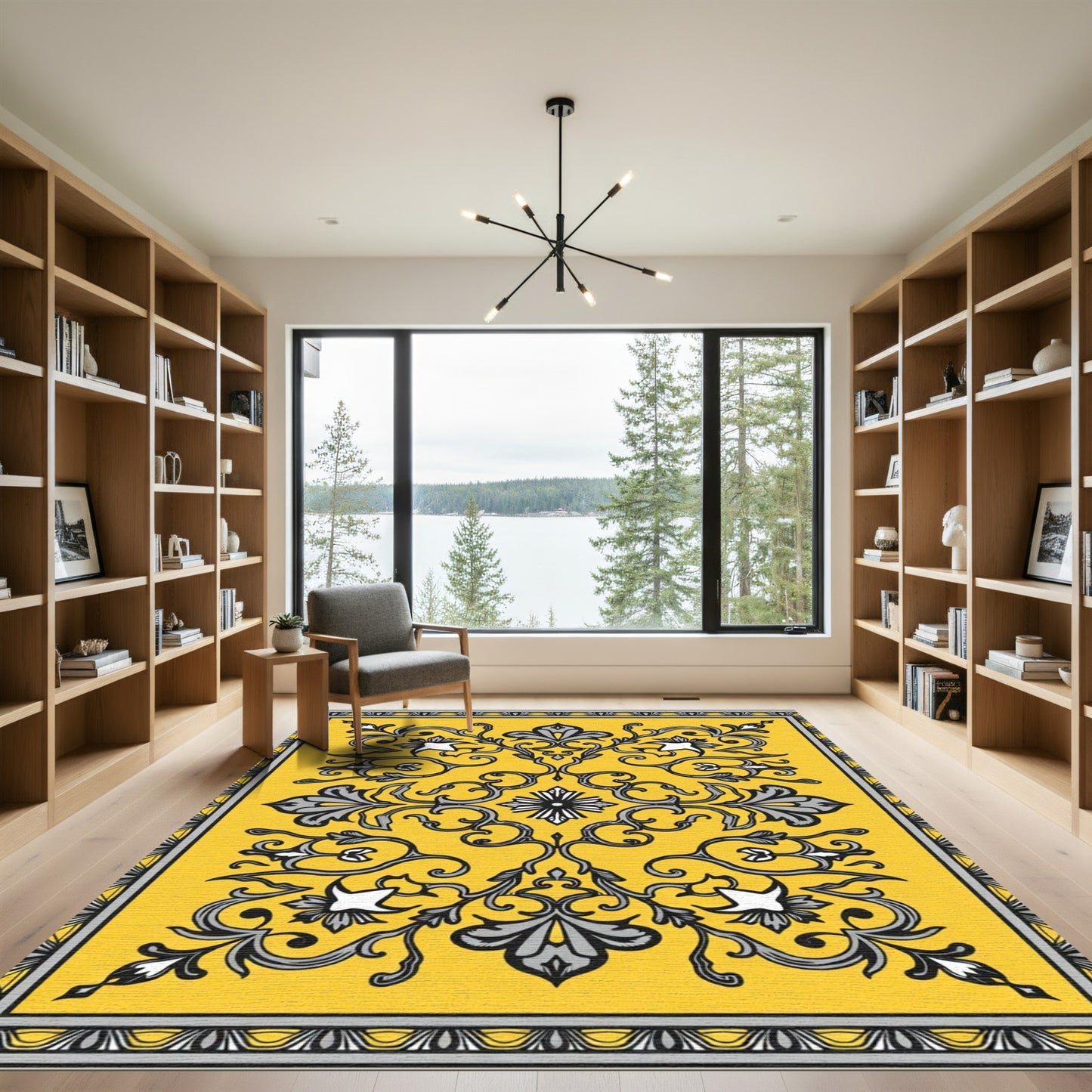 Golden Ochre Damask Scrollwork Ornament Rug