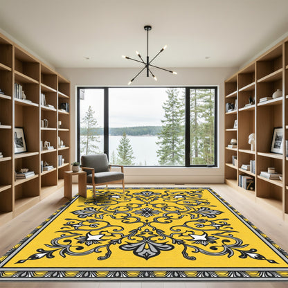 Golden Ochre Damask Scrollwork Ornament Rug