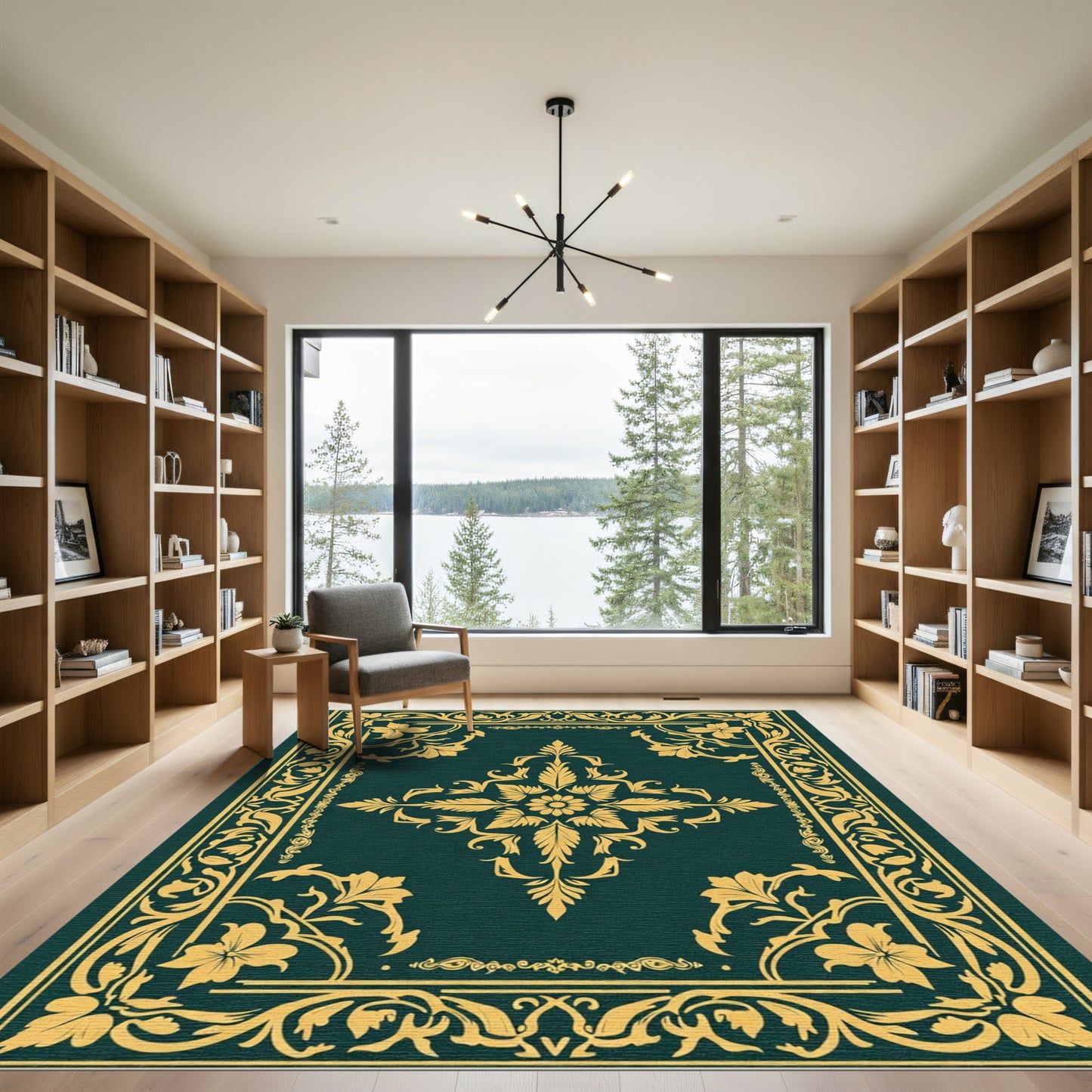 Golden Teal Floral Scroll Border Rug