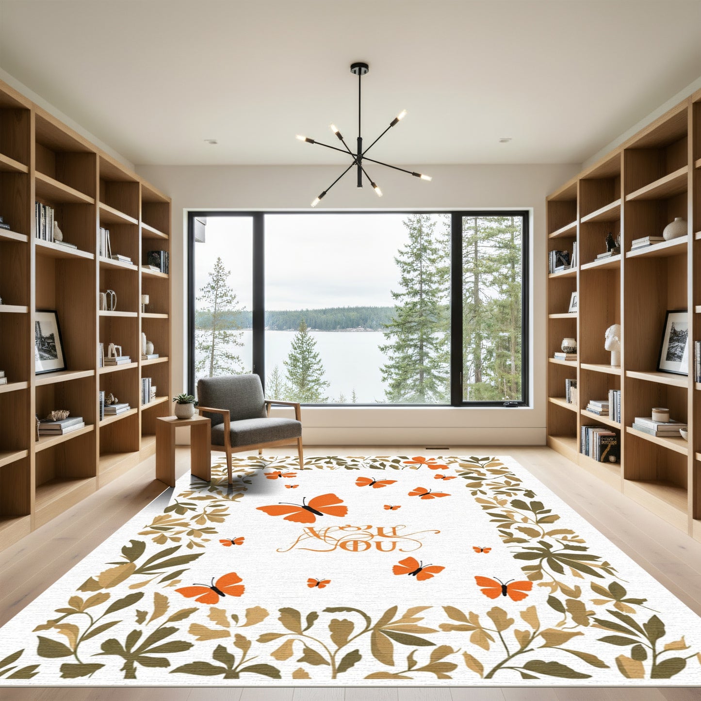 Whimsical Orange Butterflies Foliage Border Rug