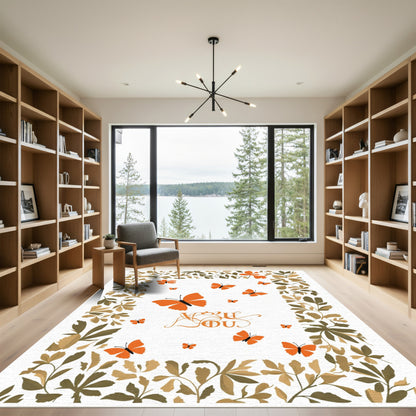 Whimsical Orange Butterflies Foliage Border Rug