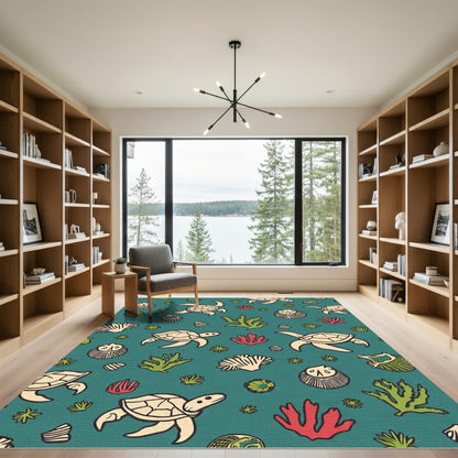 Coastal Turtle Coral Reef Scene Rug