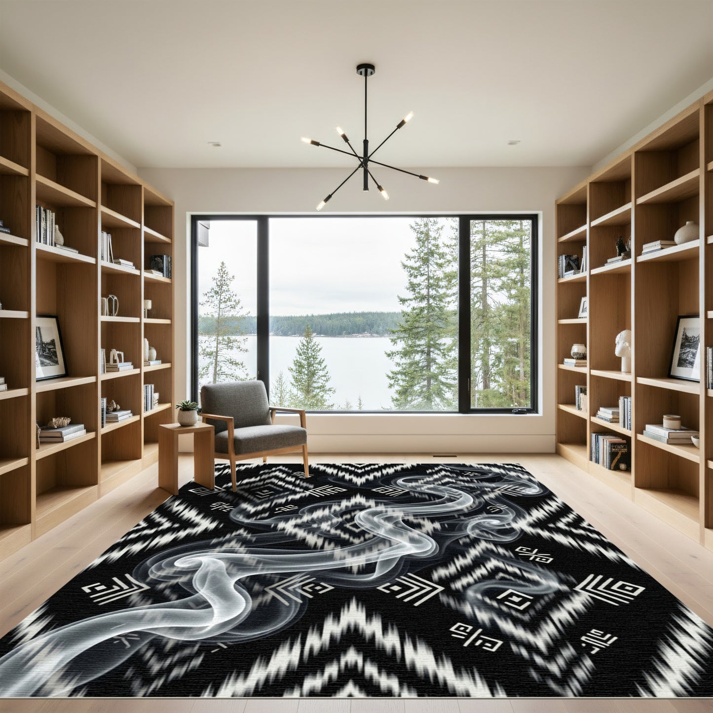Black White Geometric Tribal Smoke Rug