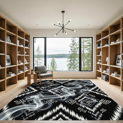 Black White Geometric Tribal Smoke Rug