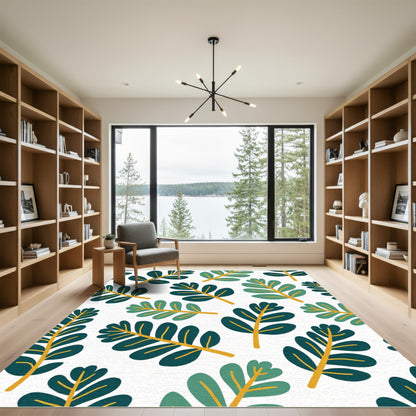 Teal Green Leafy Branch Composition Rug