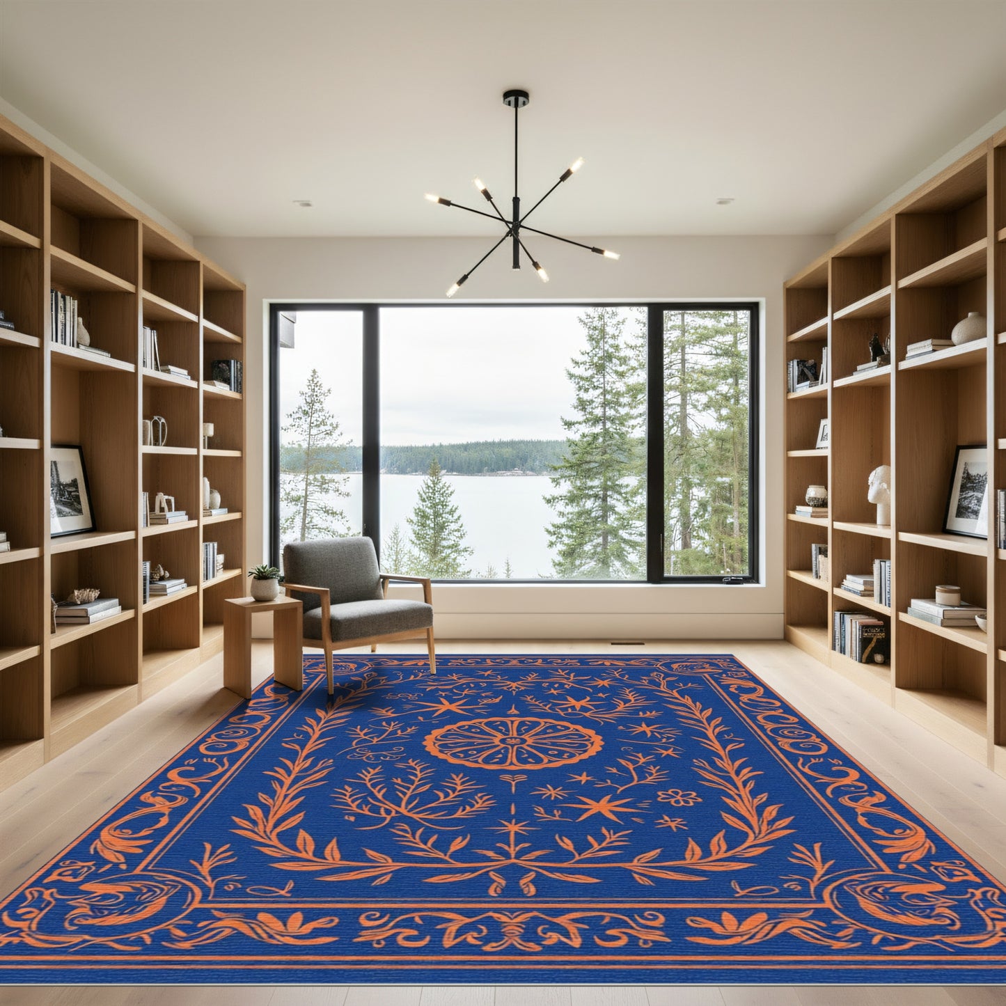 Orange Botanical Medallion Blue Rug