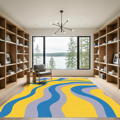 Retro Yellow Blue Swirling Waves Rug